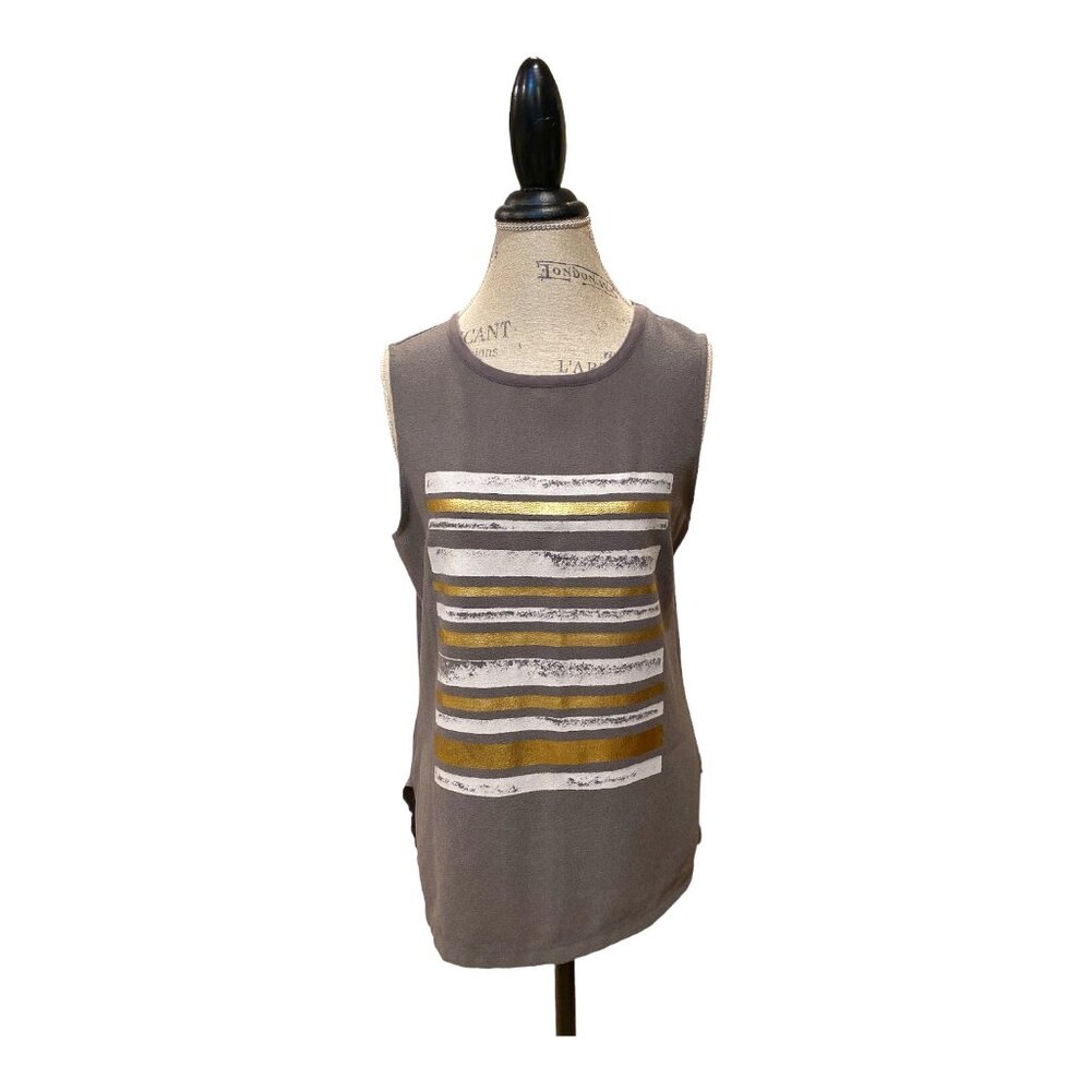 Ann Taylor Loft Outlet Sleeveless Blouse Gray w/ White & Gold Women's Size M
